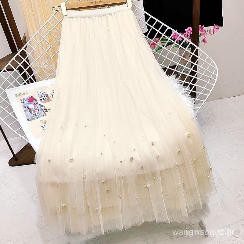 Saia Midi Tulle Plissada-Lei Preta para Lei Azul para Rosa, Metros Brancos