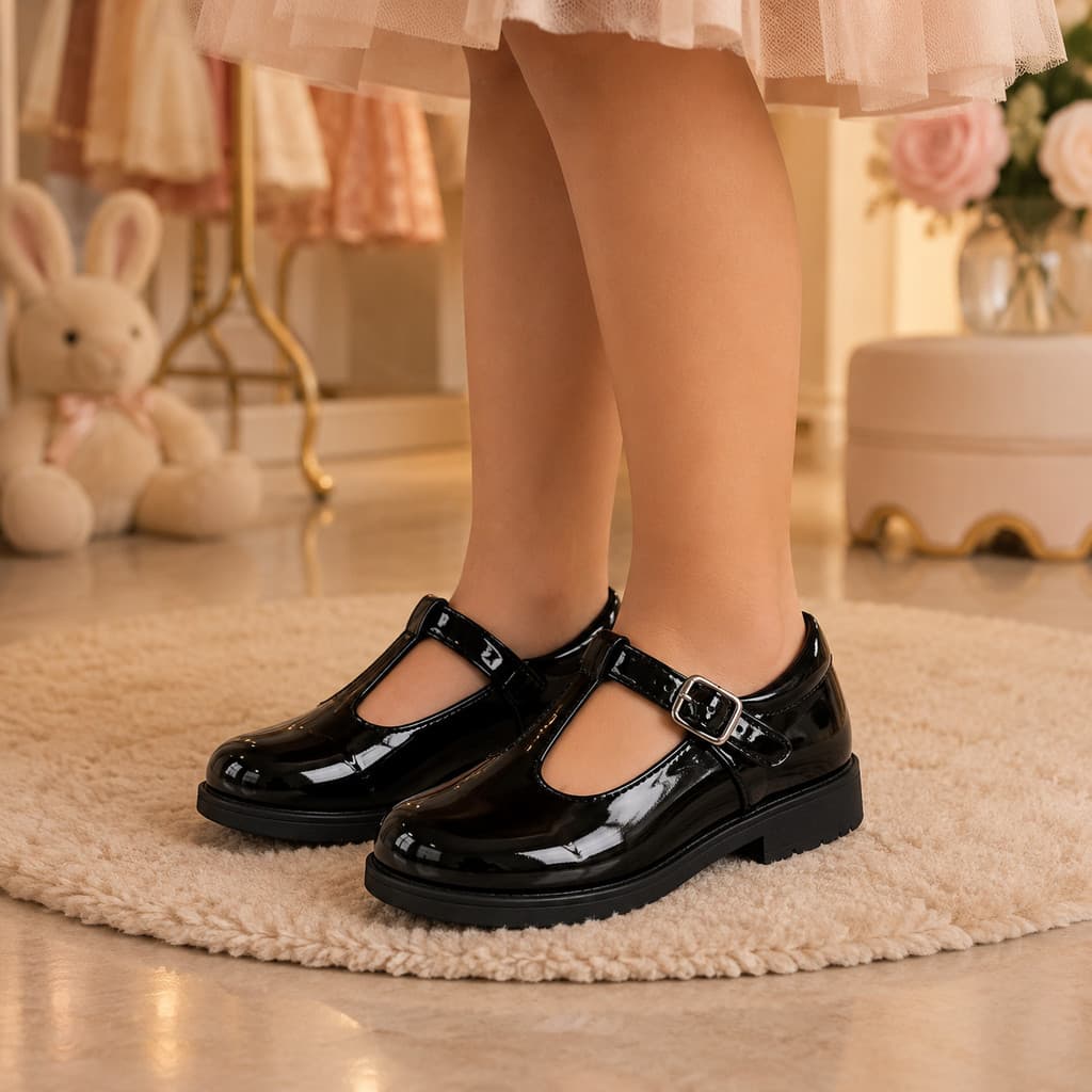 Sapato Boneca Infantil Menina Tratorado Verniz Preto Confortável Escola Social Elegante Casual Festa