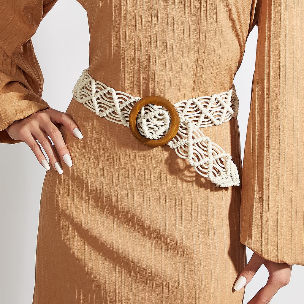 ❣️Versão coreana algodão linho estilo PP grama trançado cinto feminino redondo fivela quadrada vestido camisa longa cint
