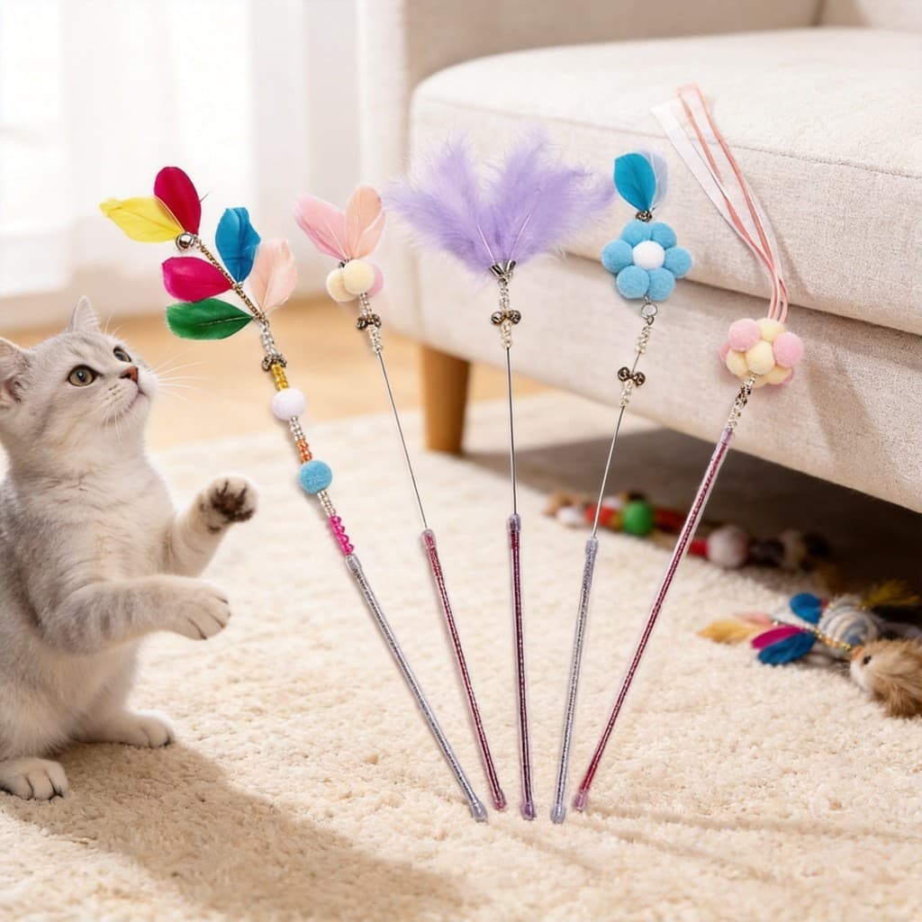 Suprimentos para gatos Badminton provocando vara de gato com sino brinquedo resistente à mordida bola de pele de fada bo