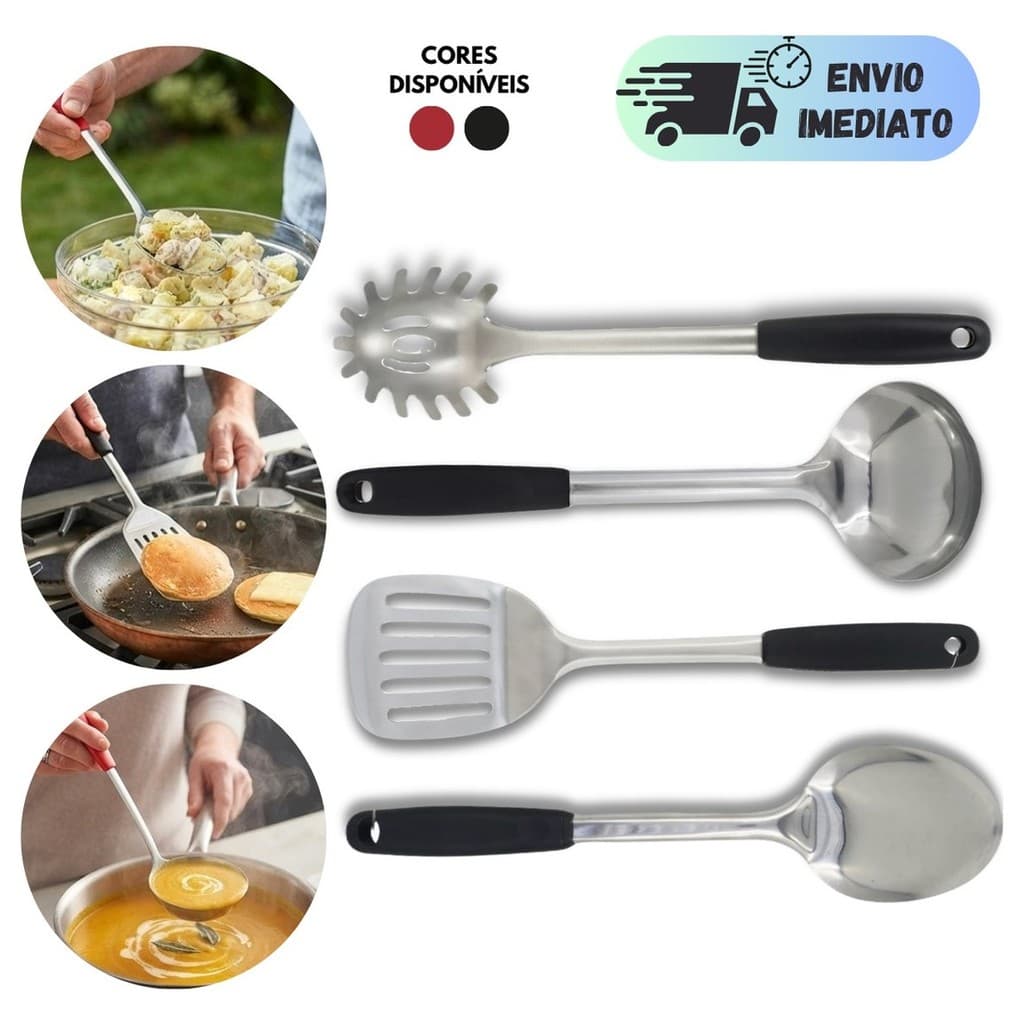 KIT UTENSÍLIOS DE INOX PREMIUM MULTIUSO PEGADOR DE MASSAA ESPATULA COLHER DE ARROZ CONCHA COMPLETO RESISTENTE