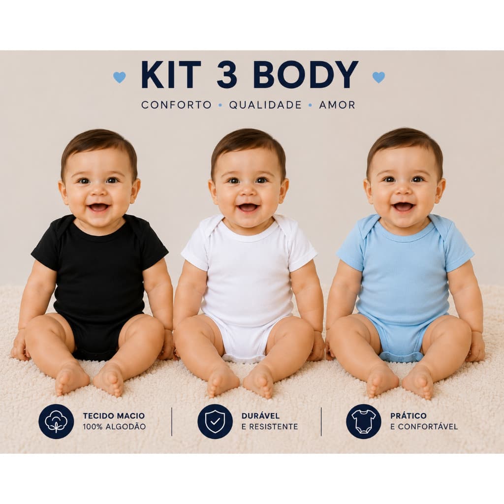 Kit 3 Body Infantil Bebê Liso Manga Curta Algodão Macio Menino e Menina
