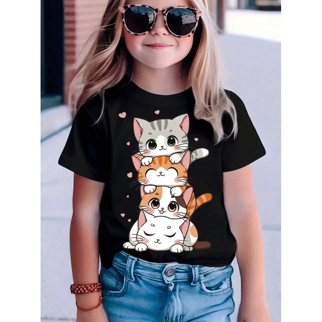 Camiseta Blusinha Infantil Menina 4 gatos empilhados De Manga Curta Infantil Para Meninas Casual Verão Básica Crianças