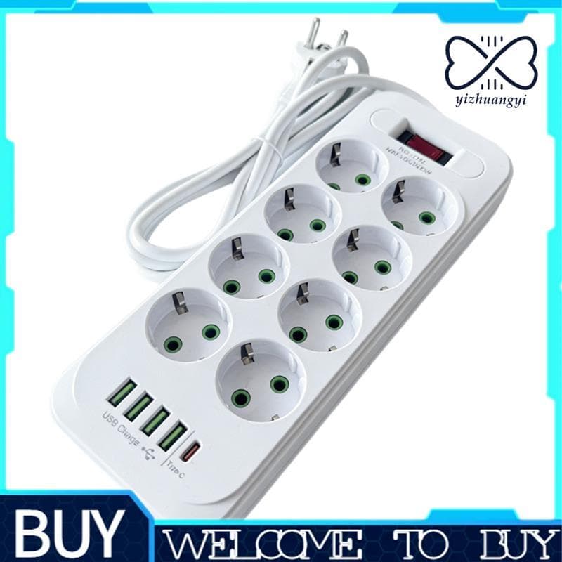 13 Em 1 Plugue Da Ue Power Strip Protetor Contra Surtos 2500W Com Cabo 2M 8 Tomadas AC 4 USB Tipo C Tomada De Extensão D
