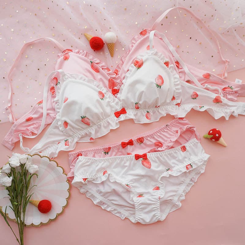 Roupa interior sem fio bonito roupa interior feminina leite seda impresso triângulo copo rosa branco doce morango conjun