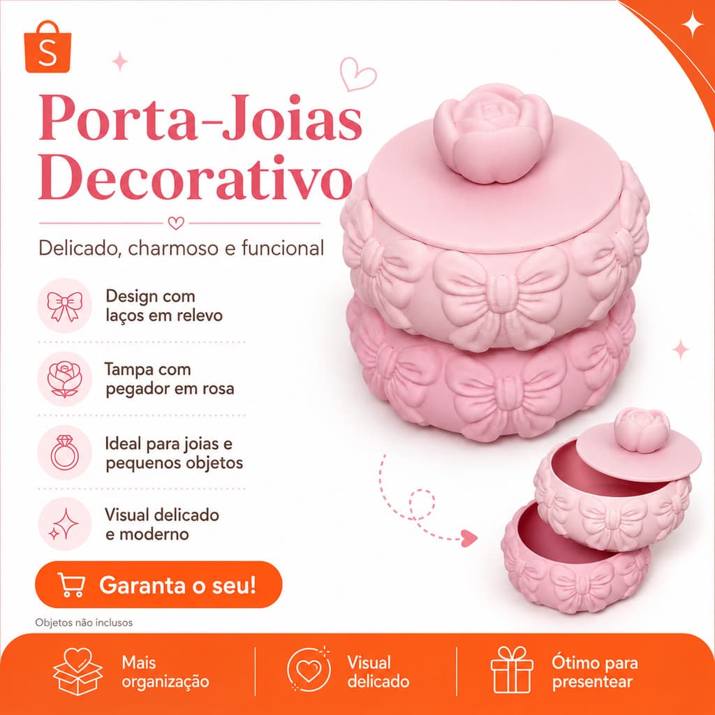 Porta-Joias Decorativo com Tampa Rosa e Laços em Relevo Organizador