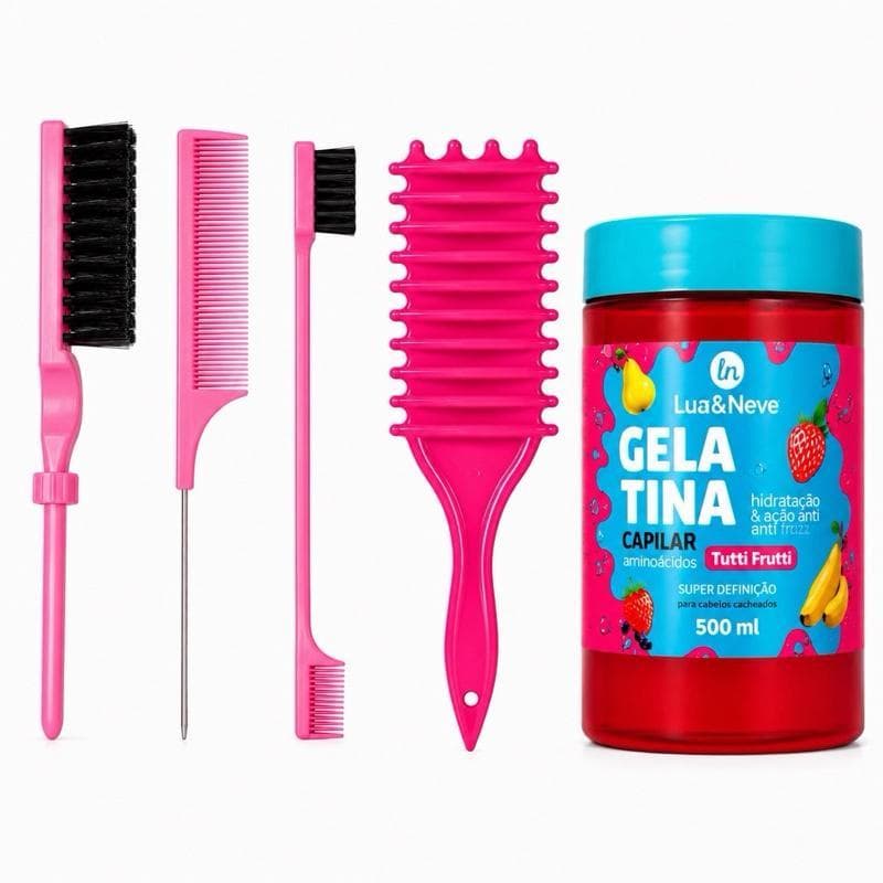 Kit Super Definição com Escova de Fitagem + Pentes Baby Hair + Gelatina Capilar 500g para Cachos Hidratados e Sem Frizz
