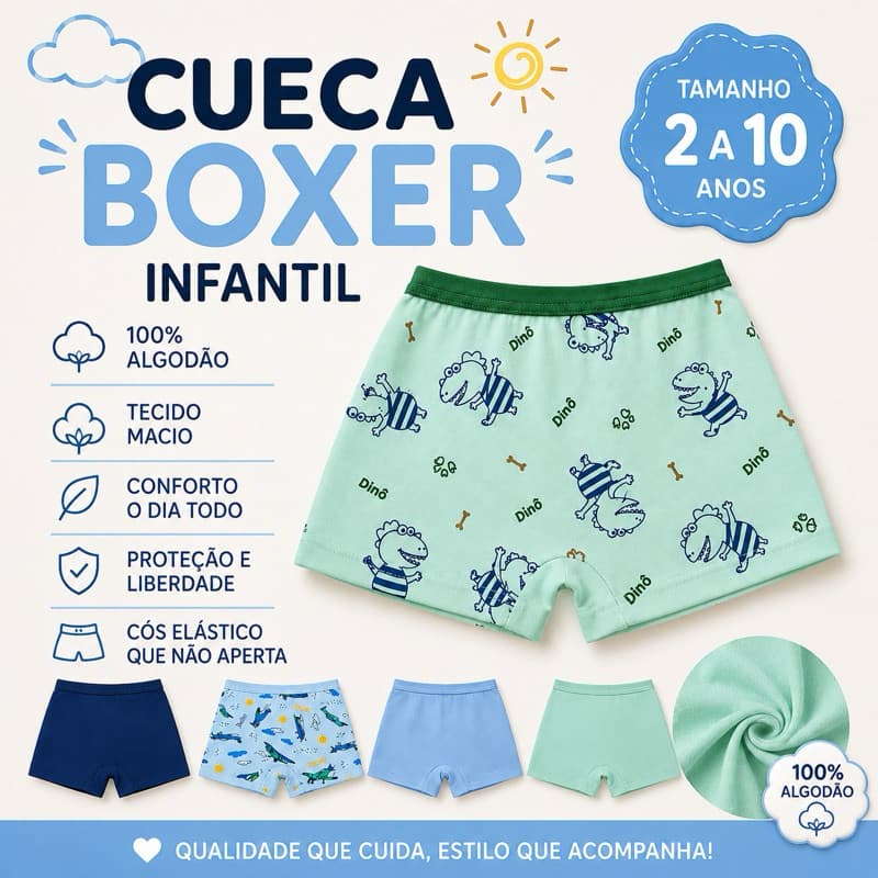 Kit até 12 Cueca Boxer Infantil Menino 2 a 10 Anos Conforto Premium