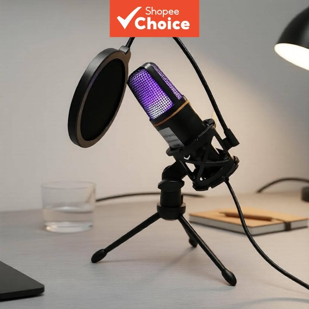 Conjunto de Microfone Condensador USB com Luz RGB, Filtro Pop e Tripé para PC, Desktop e Sistema de Áudio Elite