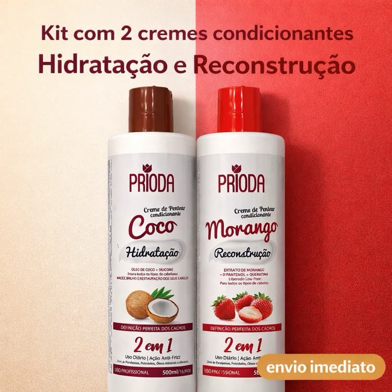 Kit 2 Cremes de Pentear Prioda Coco + Morango | Hidratação + Reconstrução | Anti-Frizz | Cabelos Macios e Definidos