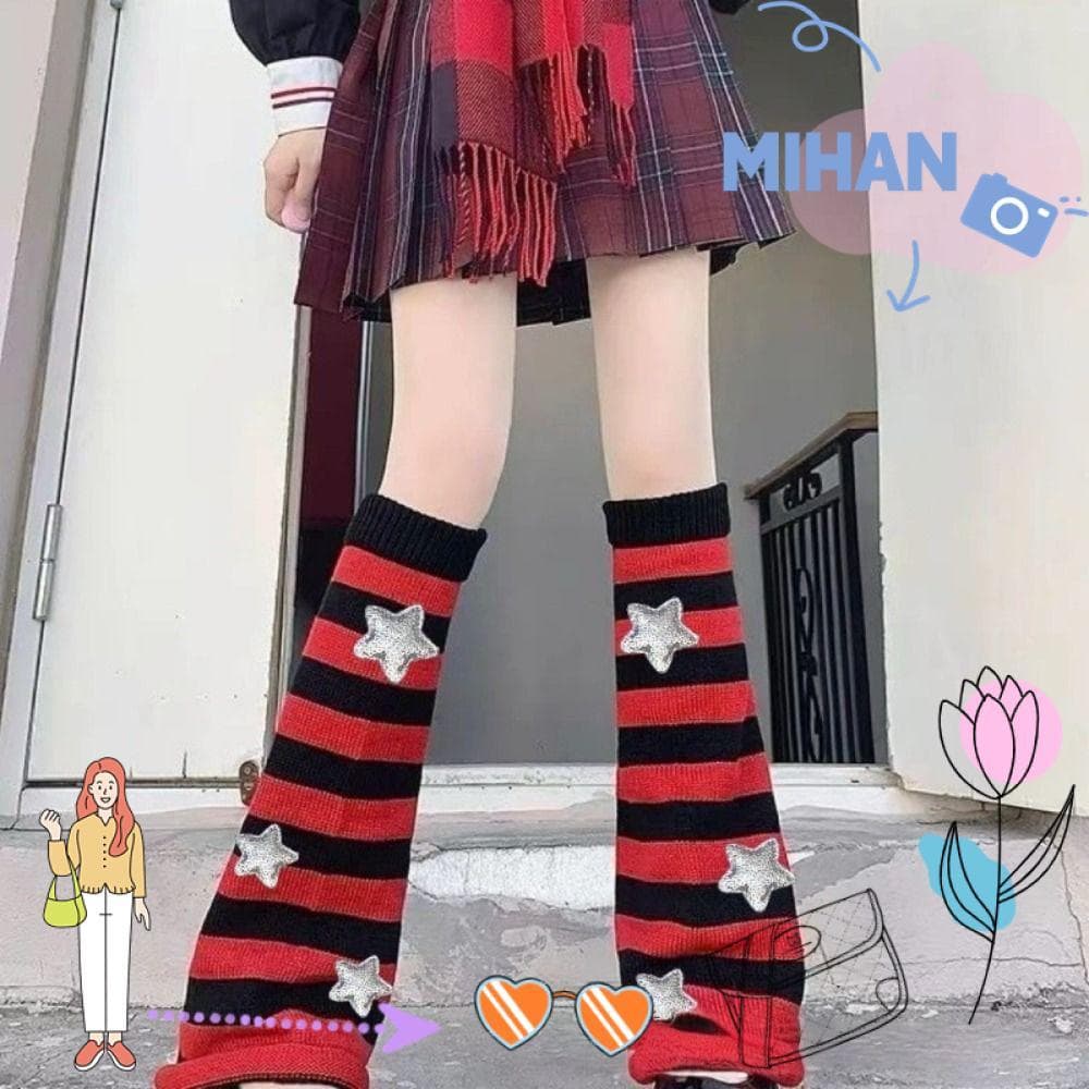 MH-BEAUTY Lolita Polainas , Meias Longas De Malha Com Decoração De Estrela Listradas Punhos De Bota