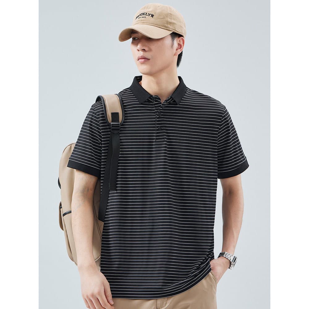 Verão novo estilo camisa polo masculina High-End listrado rufião bonito camisa polo de manga curta lapela costura Casual