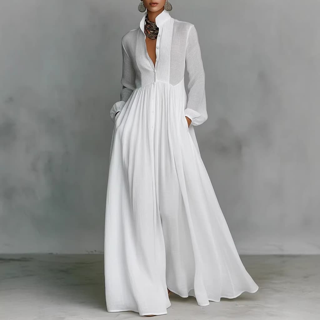 Novo Vestido Longo de Férias Elegante e Acinturado com Manga Comprida e Pregas, Estilo Francês Branco, para Primavera/Ve