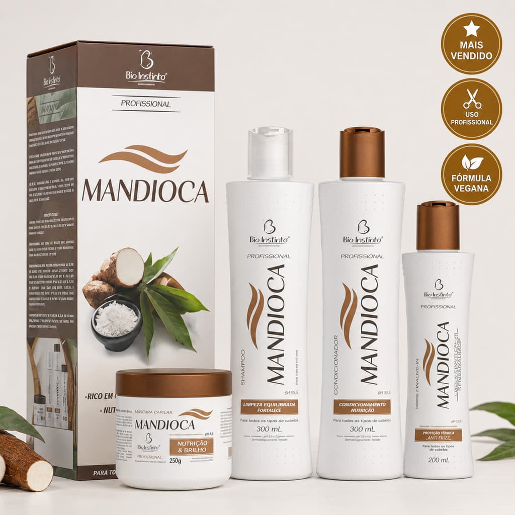 Kit Tratamento Capilar Mandioca Bio Instinto Shampoo Condicionador Máscara Creme Pentear