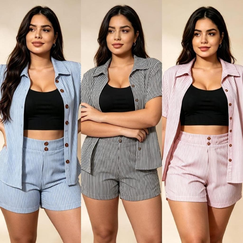 Conjunto Feminino Short e Camisa Listrada Blogueira MODA TOP Duna