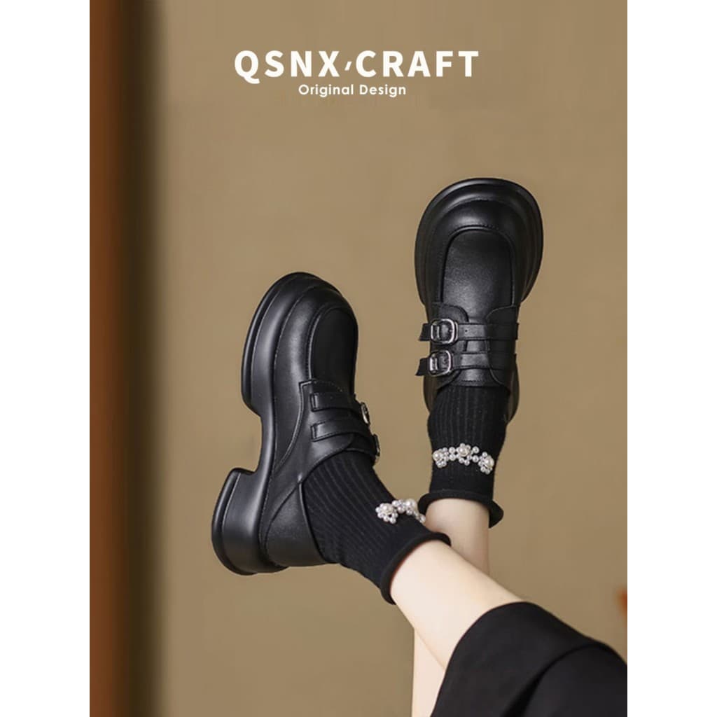Mocassins de sola grossa de couro genuíno genuíno feminino 2023 outono inverno forro de lã novos sapatos jk preto dedo d
