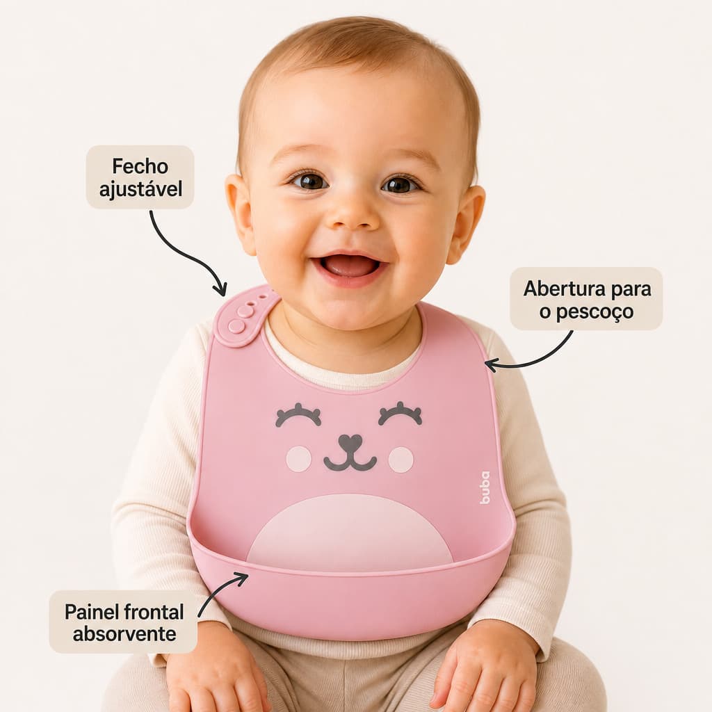 Babador Buba de Ursinho e Silicone Com Bolso Pega Migalhas
