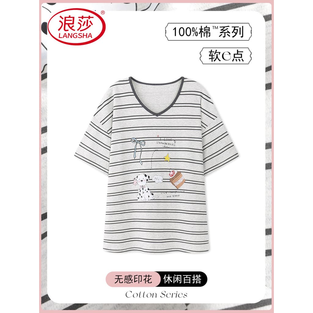 Langsha pijamas de verão femininos pijamas topos de uma peça feminina de manga curta camiseta puro algodão estilo fino p