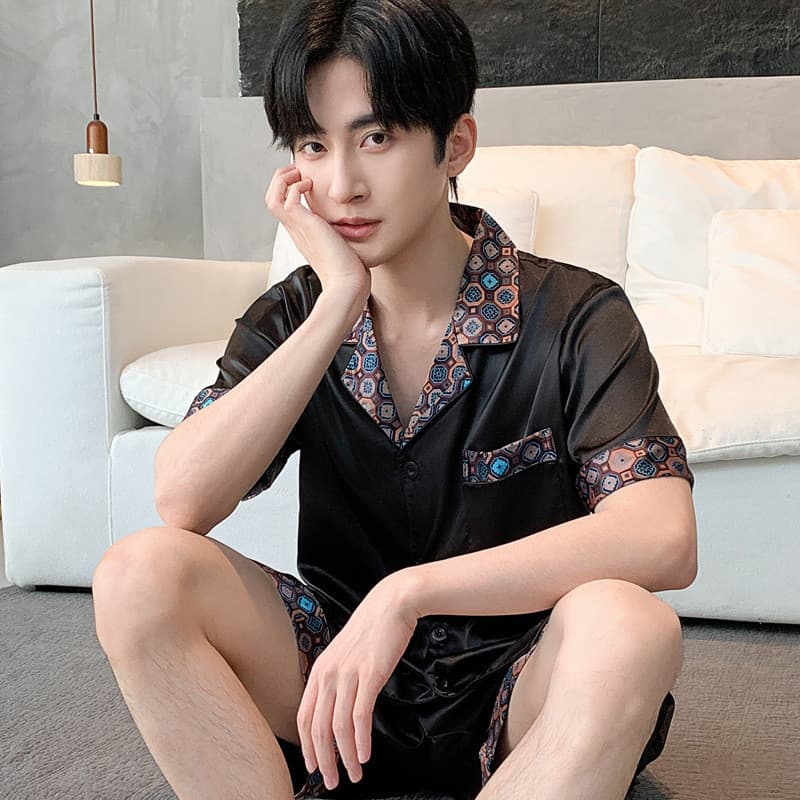[Novo produto] pijamas masculinos verão seda gelo longo terno de manga curta primavera outono simulação seda masculino H