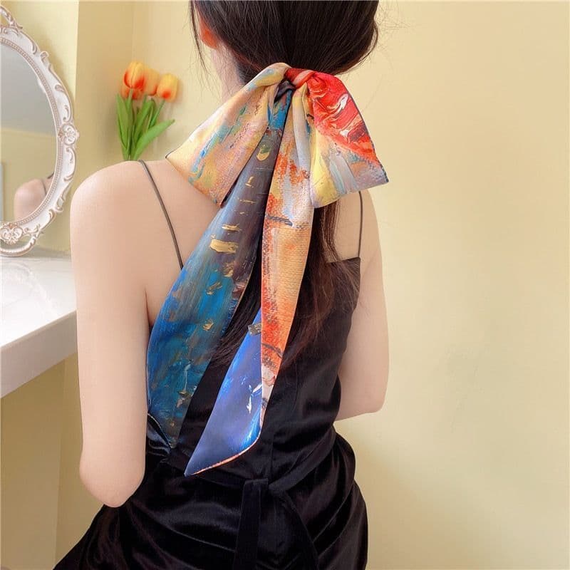 Lenço de Cabelo de Cetim, Laço de Cabelo Longo Estampado, Faixa de Cabelo Estilo Vintage Chinês