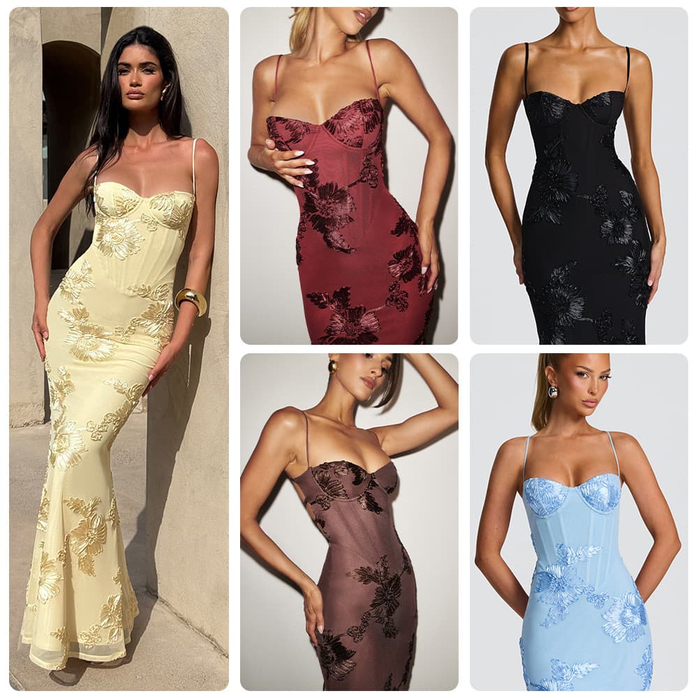 Vestido Feminino Europeu E Americano Tridimensional Bordado Sem Costas Alça Cruzada Saia Longa Requintada Flor Banquete