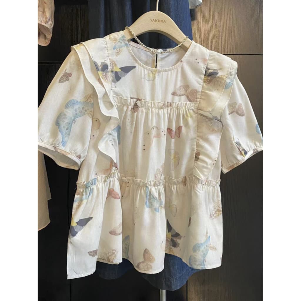 2025 verão novo estilo versão coreana moda All-Match borboleta impressão babados Xiaofei sem mangas colete saia camisa f