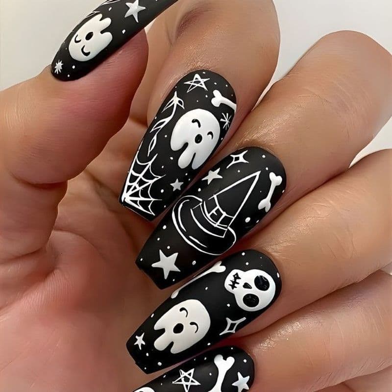 Estoque pronto Halloween Preto Branco Ballet Usando Unhas Chapéu de Bruxa Fantasma Unhas Falsas Escuras 24 Peças Loja de