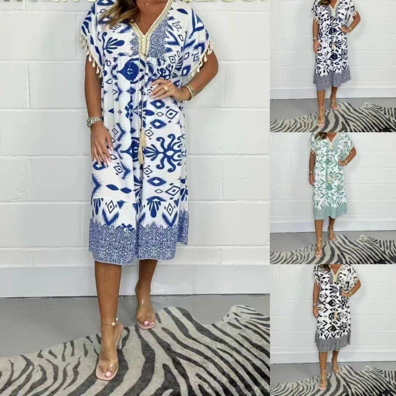 2026 Cross-Border verão novos produtos moda feminina impresso com decote em V franjas costura vestido Casual feminino