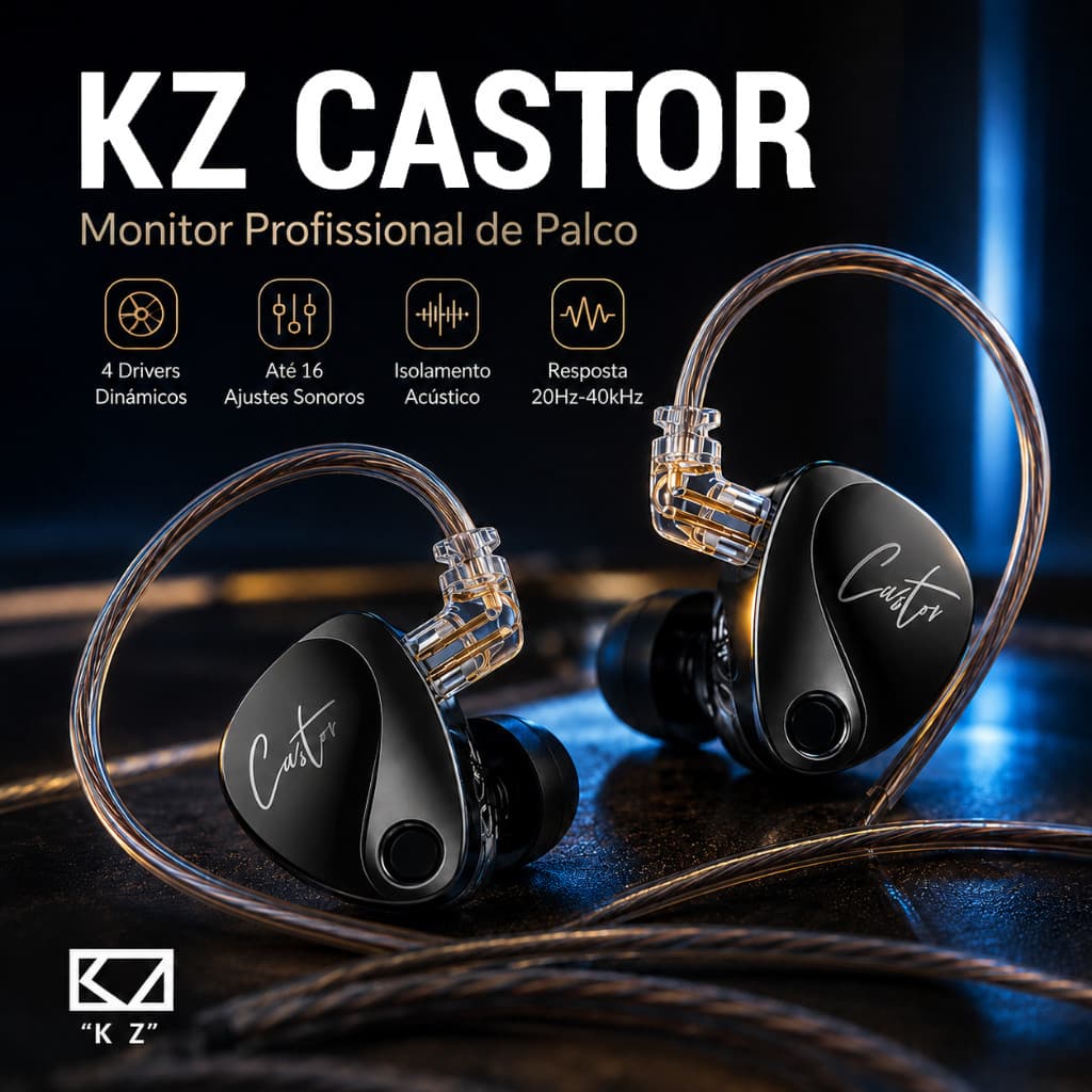 Fones de Ouvido KZ Castor Ajustáveis 2DD Dual Dynamic HiFi para Monitoramento de Palco