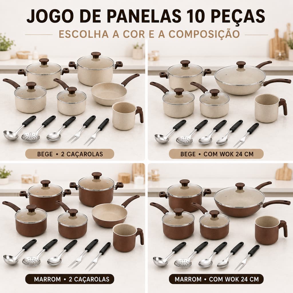 Jogo de panelas 10 Peças Antiaderente Frigideira Todos em Teflon