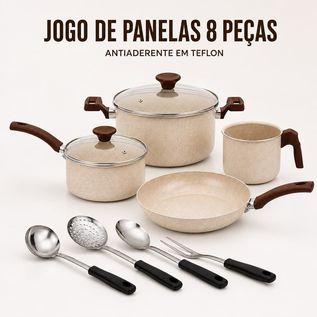 Jogo de Panelas Cerâmica Antiaderente Conjunto 8 Peças Tampas de Vidro Frigideira Panela Caçarola Fervedor