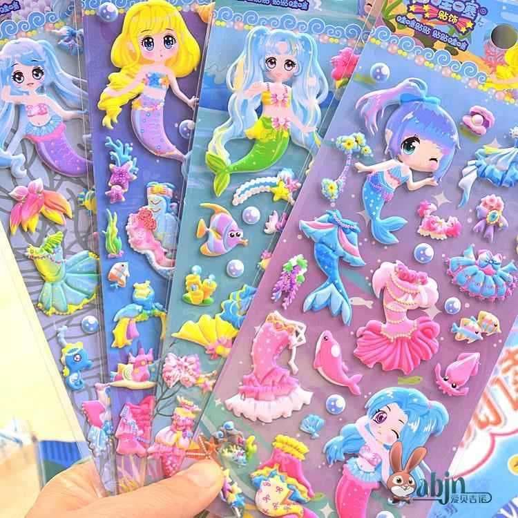Sereia princesa vestir-se dos desenhos animados menina vestir-se pegajoso tridimensional bolha adesivo usar roupas brinq