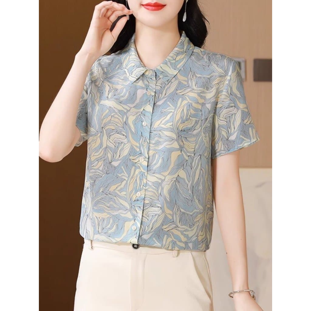 Camisa de Chiffon feminina de manga curta lapela camisa verão novo estilo mãe Floral pequena camisa capa barriga camisa
