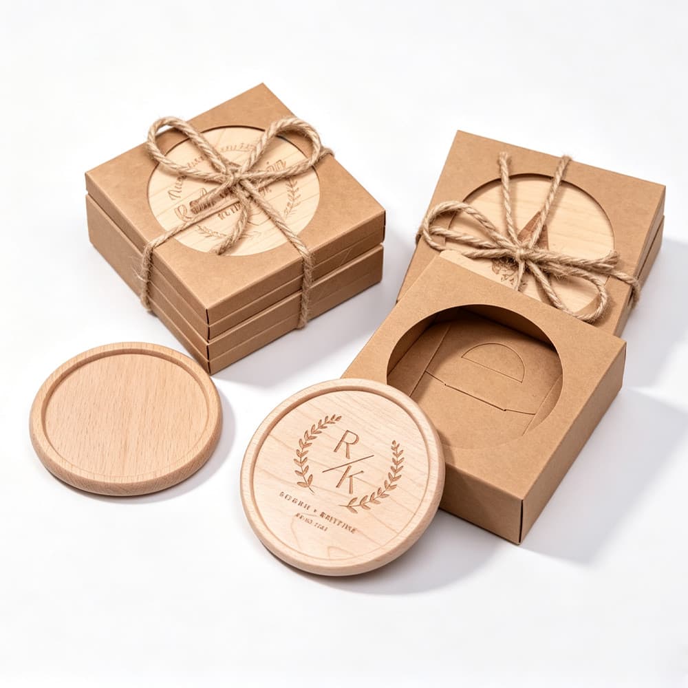 Conjunto De Presente De Porta-Copos De Madeira Personalizado Com Caixa De Papel Kraft Nome Gravado A Laser Logotipo Para