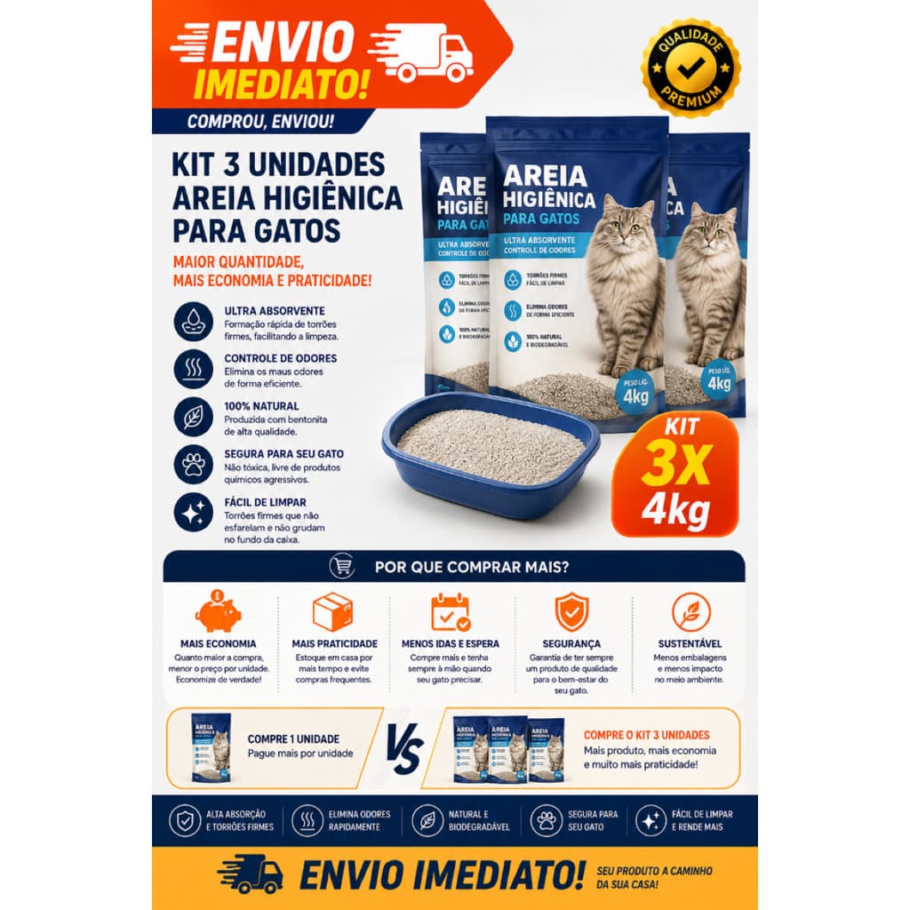 Areia Higiênica Biodegradável 12 Kg (3 pacotes de 4 kg) - NEVE CLEAN - Grãos Finos -