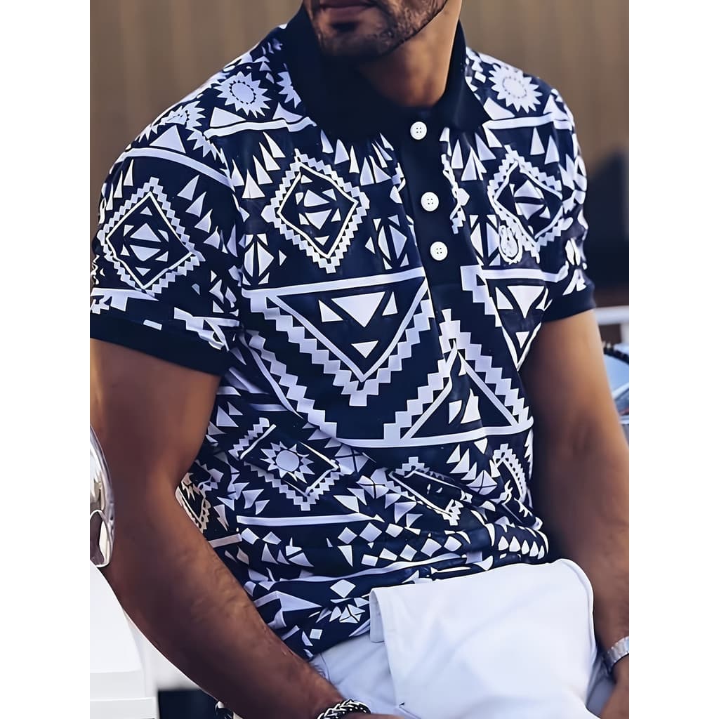 Camisa POLO com Totem geométrico, estampa azul e branca desbloquear nova dimensão moderna, cria facilmente camisa POLO c