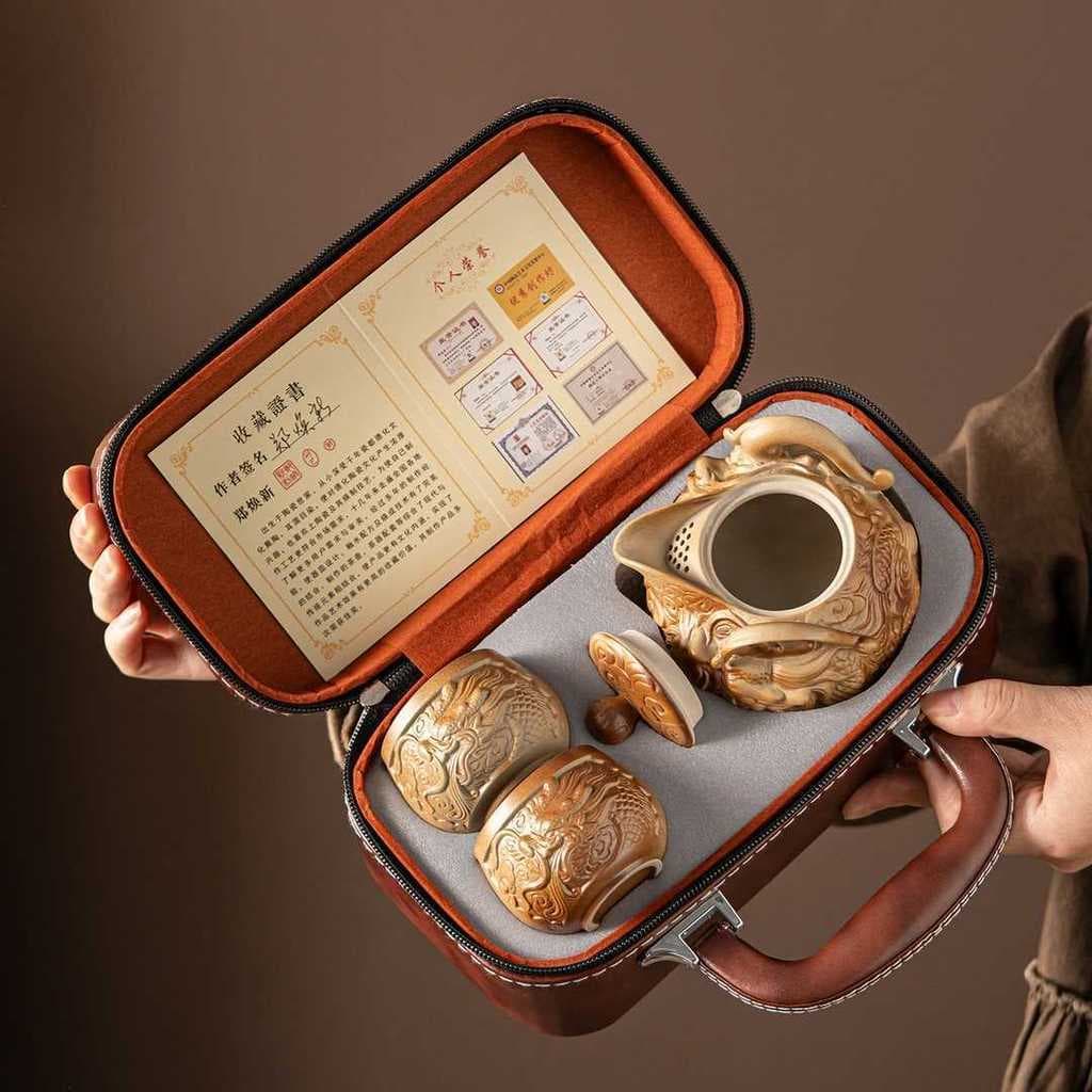 Conjunto de chá de cerâmica, portátil, para acampamento e viagens ao ar livre, estilo chinês, 3 cores