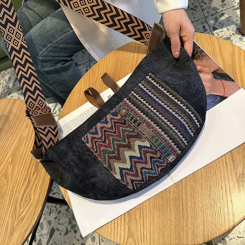 Bolsa Transversal Vintage de Denim 2026, Estilo Étnico Único, Bordado Pesado, Bolsa Transversal de Lona, Bolsa Feminina