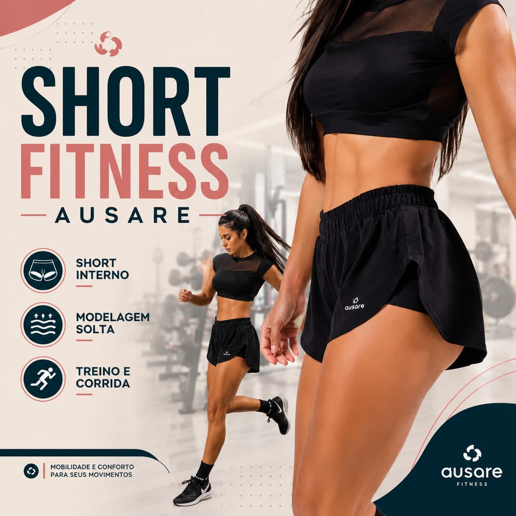 Short Moletom Feminino Ausare Preto Com Short Interno Academia Corrida Treino Fitness Caminhada Esporte Mobilidade Ativo