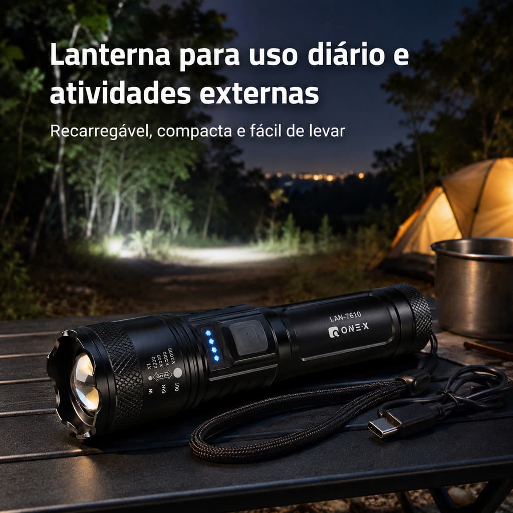 Lanterna Tática LED 3 Modos Zoom USB-C Recarregável 50m-1000m Alta Potência