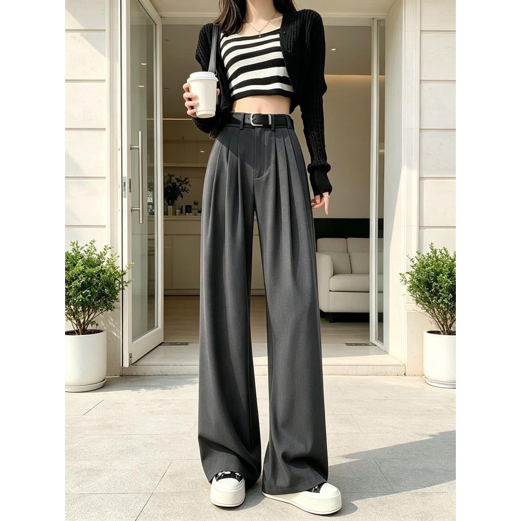 Moda cinza terno calças femininas primavera outono 2026 novo estilo High-End Drape calças retas soltas mais magro olhar
