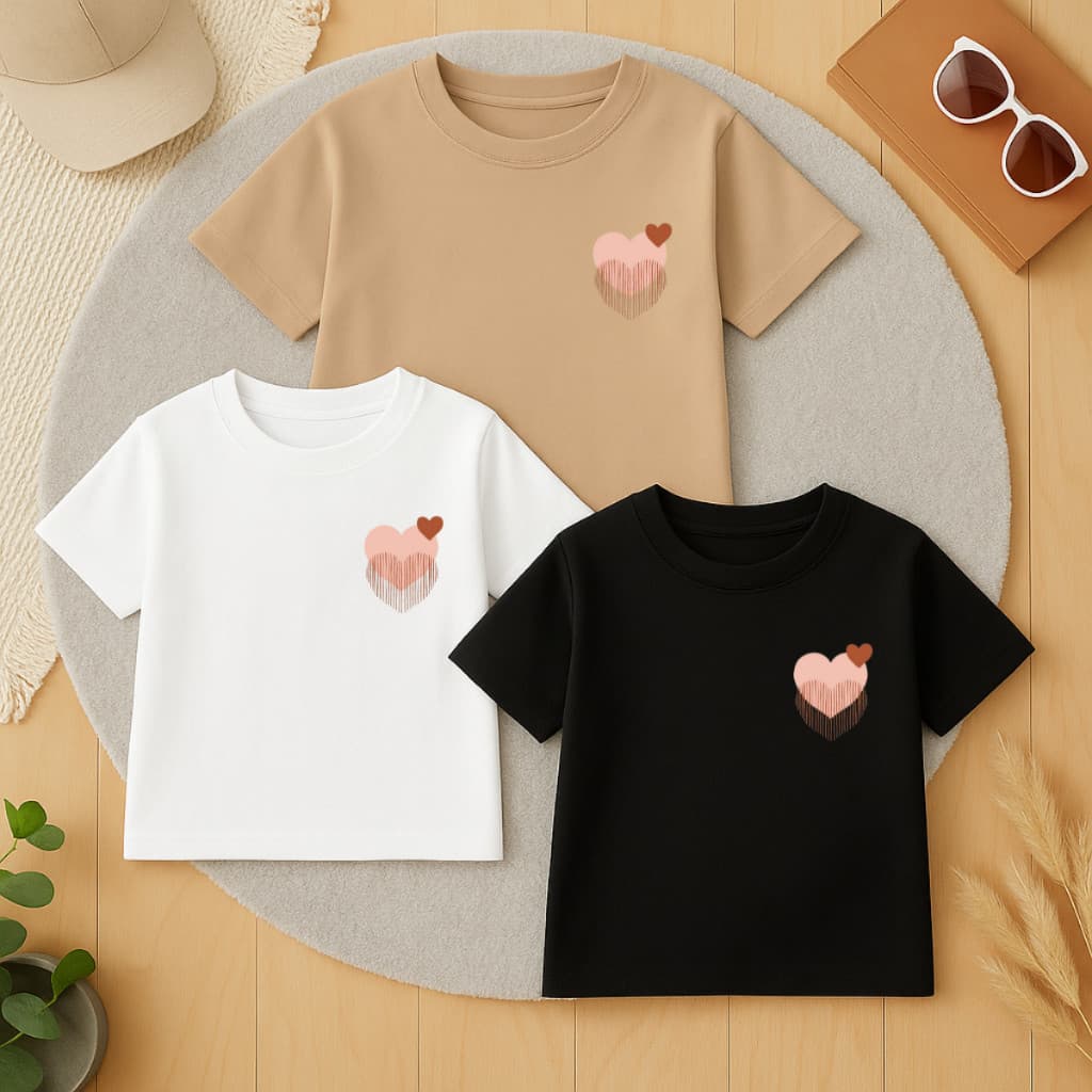 Kit 3 Camisetas Básica Infantil Feminina Menina De Algodão Premium Moderna Corações