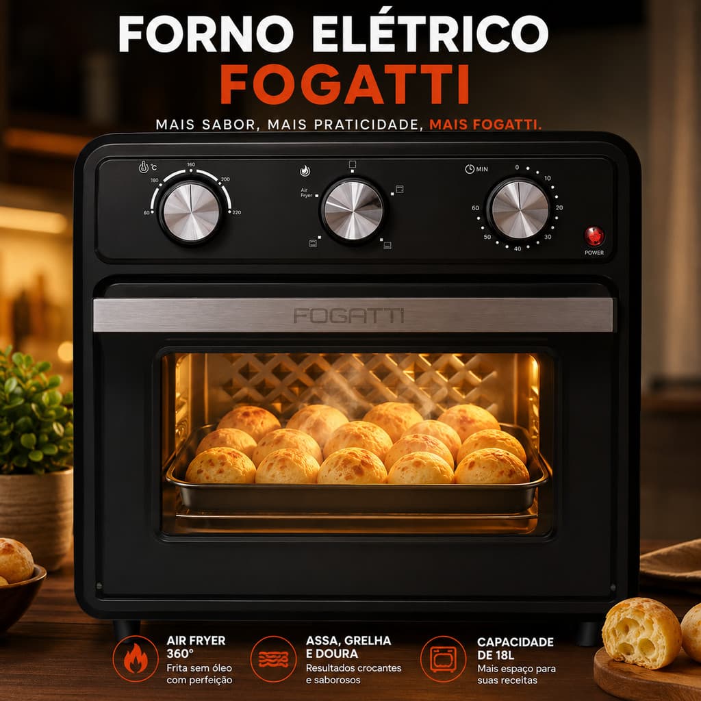 Forno Air Fryer Fogatti 22L 1360W Multifunções Dourador 250°C