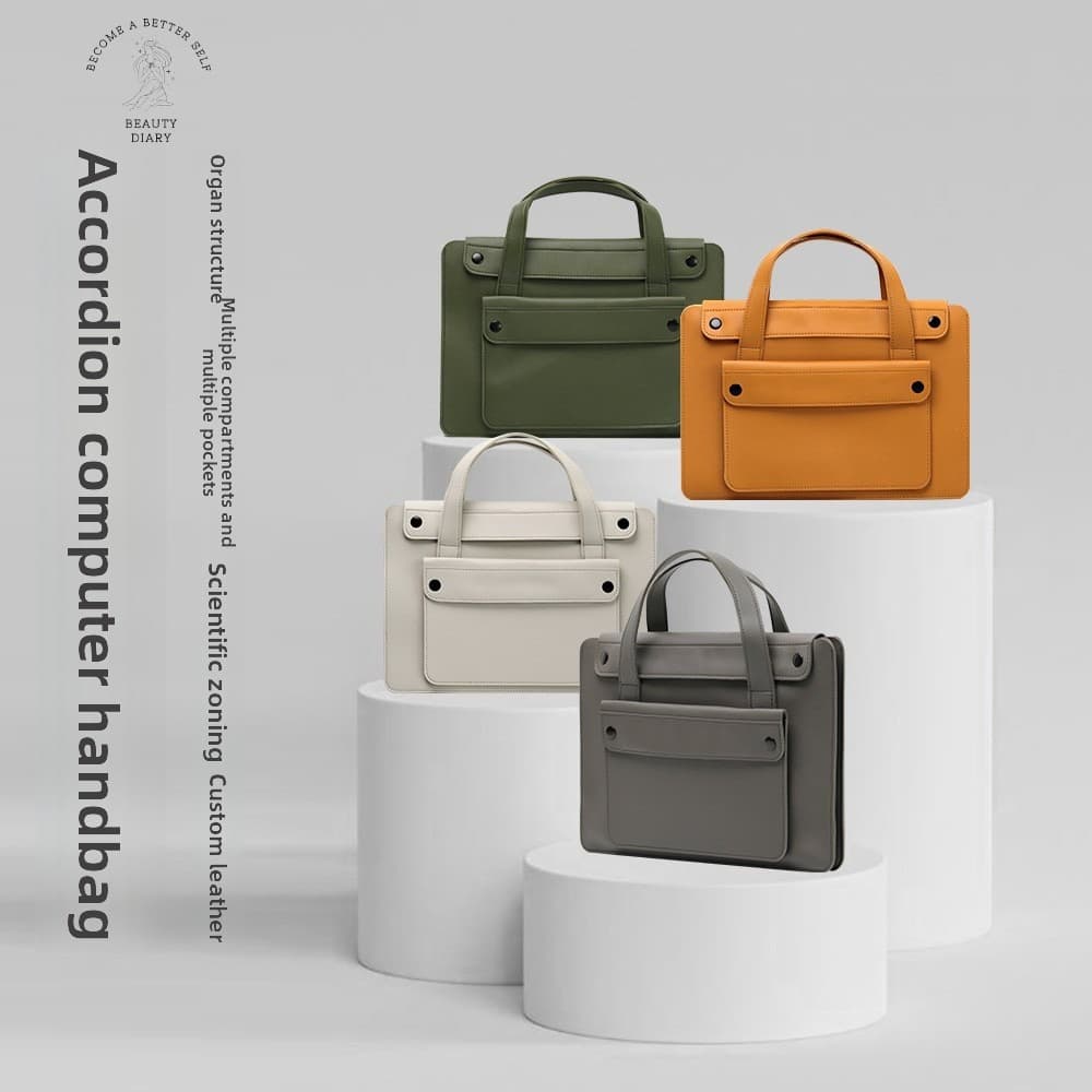 Bolsa Para Laptop Acordeão Com Vários Bolsos , Pasta De Couro PU Aparência Manual Armazenamento Diário De Trabalho