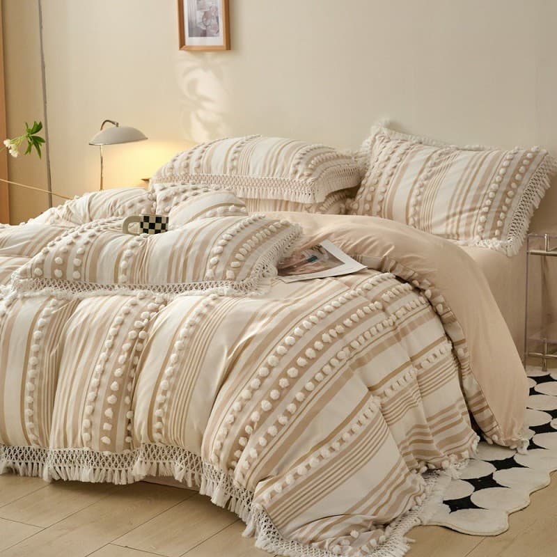 Luz estilo de luxo totalmente lavado algodão borla conjunto de quatro peças corte flor colcha capa folha estilo 1.8m de
