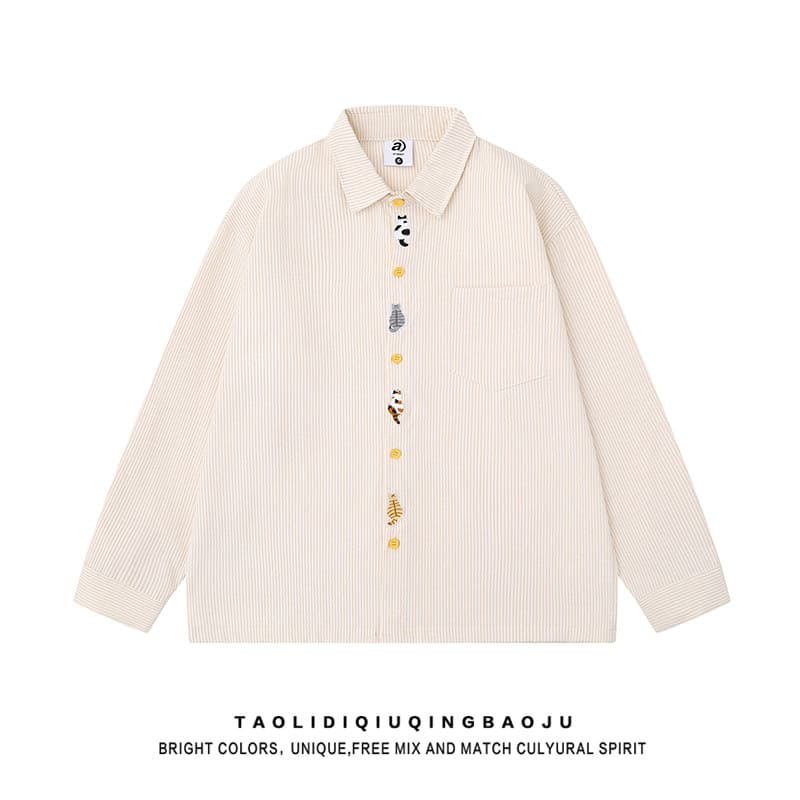 Japonês bonito gato bordado listrado camisa feminina primavera camisa solta preguiçoso casal manga longa camisa POLO top