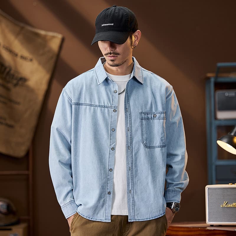 Primavera novo estilo solto tamanho grande camisa jeans masculina estilo americano ferramentas Multi-bolso camisa de man