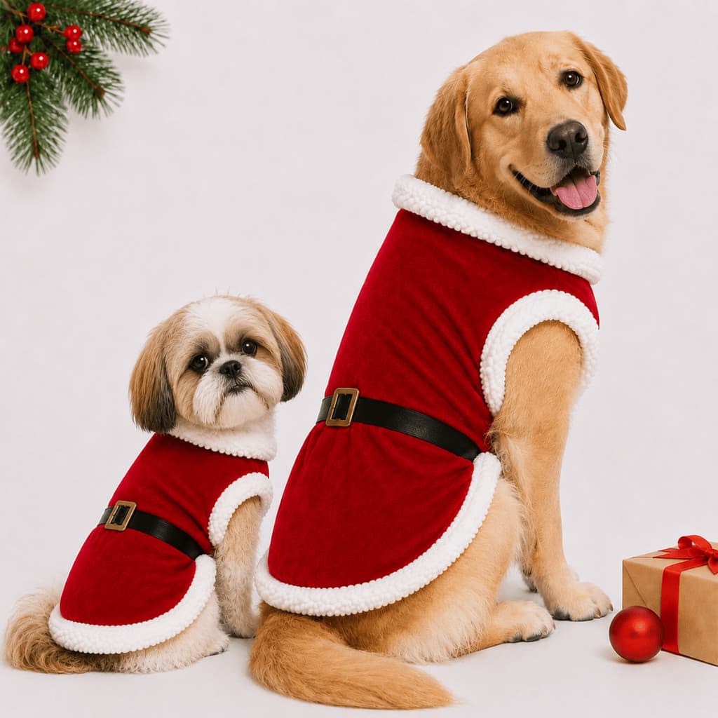 Roupa Papai Noel Macho Cachorro Cães Pet Natal com Cinto e Peluciado Pequeno Grande