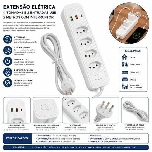 Extensao Eletrica Multipla Tomadas 4 Entradas USB Cabo 2 Metros Branco