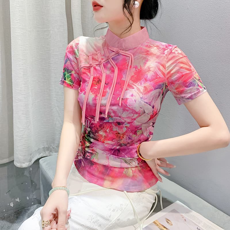 Verão novo estilo estilo chinês disco abotoado malha de manga curta camiseta feminina magro-ajuste estiramento renda imp